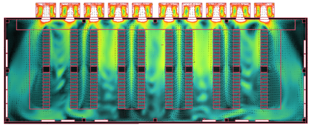 Simulation CFD des vitesses d'air dans un data center - plan de vitesse - sans cloisonnement allées Chaudes et allées froides