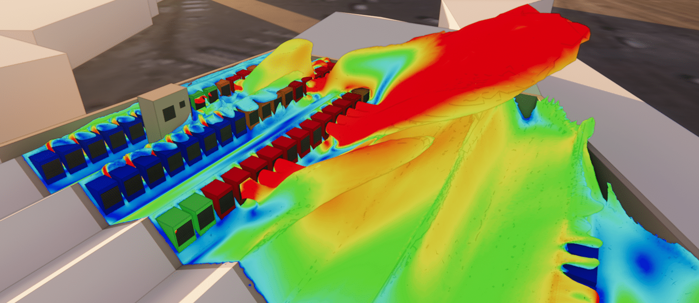 Étude de l'élévation thermique en toiture des systèmes aérothermiques du data center, illustrant un modèle de panache thermique et les problèmes de recirculation de l'air.