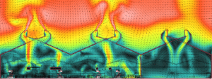 Simulation numérique CFD montrant les mouvements d'air autour d'un aérateur statique dans une verrerie.