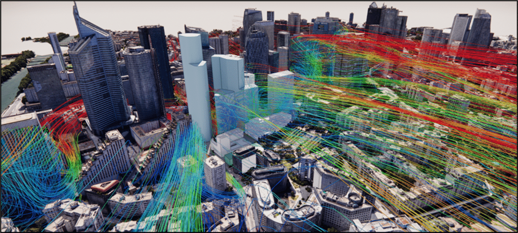 Illustration d'une étude du vent axée sur le confort piétonnier d'une terrasse située à La Défense. Cette image montre une simulation des flux d'air autour de l'espace extérieur, avec des flèches indiquant la direction et la vitesse du vent. Les zones colorées représentent les niveaux de confort thermique pour les piétons, mettant en évidence les endroits où le vent peut être gênant ou, au contraire, bénéfique. L'étude vise à analyser comment la configuration architecturale et les éléments environnants influencent l'expérience des usagers sur la terrasse, afin de proposer des aménagements optimaux pour garantir le bien-être et le confort des piétons. Cette approche contribue à créer des espaces publics agréables et fonctionnels dans un environnement urbain dynamique.