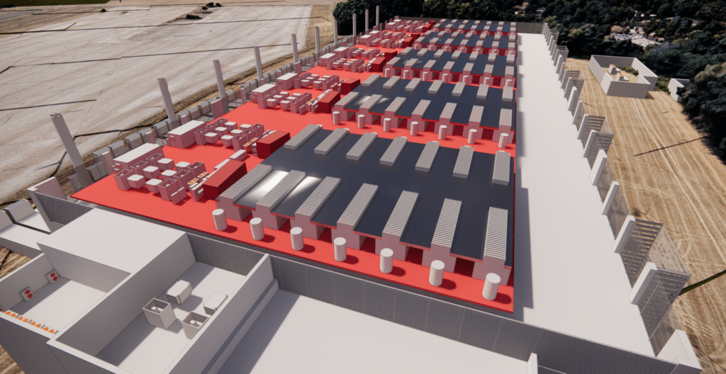 Modélisation 3D d’une toiture de datacenter hyperscale équipée d’un système de capotage. L’image montre la structure du toit, comprenant plusieurs modules équipés de capots pour la gestion thermique et la protection des équipements techniques sous-jacents. La vue met en avant le réseau de ventilation, les passerelles d’accès et la disposition optimisée des unités de refroidissement sur la toiture.