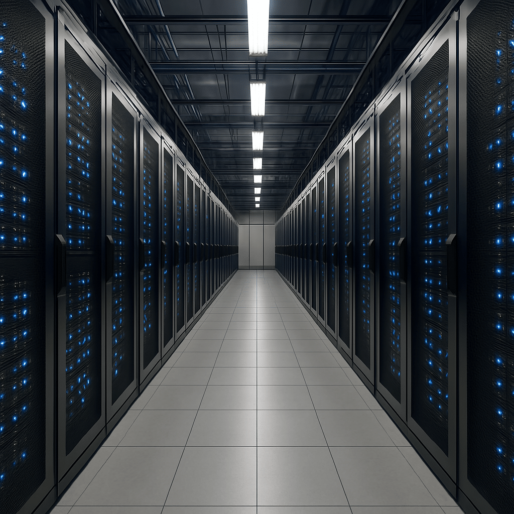 Vue intérieure d’un datacenter : plusieurs rangées de serveurs sont alignées dans un grand espace sécurisé, avec un éclairage froid et uniforme. Les câbles et équipements informatiques sont soigneusement organisés.