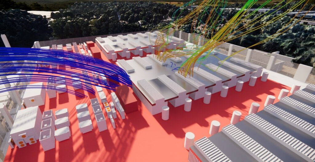 Schéma CFD (dynamique des fluides) représentant le flux d’air autour de groupes électrogènes et d’aérorefroidisseurs installés côte à côte dans un Data Center, avec capotages de protection visibles. Les flèches colorées illustrent le cheminement de l’air – prise d’air frais, circulation autour des équipements, et rejet d’air chaud. Les volumes de couleurs différentes signalent les zones de température et de vitesse d’air, mettant en évidence les phénomènes de recirculation, les échanges thermiques, et le risque de bouclage d’air chaud entre les groupes électrogènes et les aérorefroidisseurs protégés par leur capotage. L’objectif est d’optimiser la gestion thermique de la zone technique.