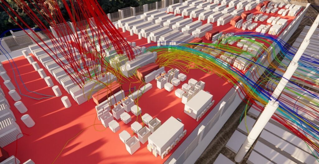 Schéma technique en vue de dessus représentant l’agencement de plusieurs groupes électrogènes associés à des aéroréfrigérants dépourvus de capotage. Le flux d’air circulant autour des groupes est illustré par des flèches colorées, indiquant le bouclage thermique ou le recyclage partiel de l’air chaud refoulé par les aéroréfrigérants vers les entrées d’air des groupes électrogènes. Ce visuel, issu d’une simulation CFD (mécanique des fluides numérique), met en évidence les zones de recirculation d’air chaud et les potentiels impacts sur le refroidissement, en l’absence de protections ou de capotages autour du matériel.