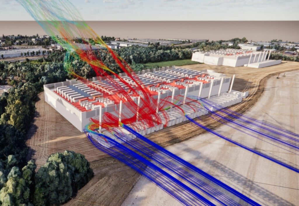 Schéma technique illustrant l’implantation des groupes électrogènes à l’extérieur d’un datacenter hyperscale. Le diagramme met en évidence le principe de "bouclage" des groupes électrogènes autour du bâtiment principal, avec des flèches indiquant les flux d’air ou le circuit de refroidissement modélisés par CFD (simulation numérique des flux). On y distingue les générateurs alignés le long du périmètre, ainsi que le cheminement de l’air et l’emplacement des équipements critiques.